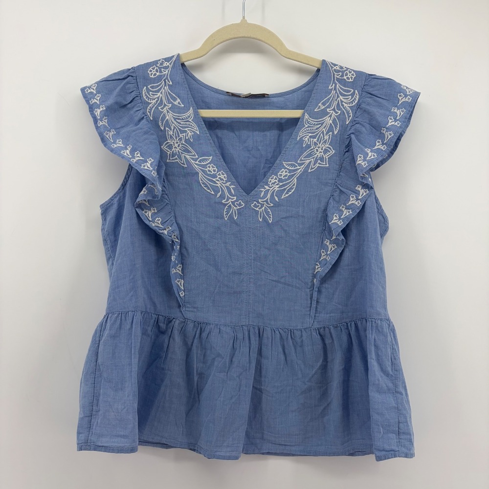 LOFT Womens Small Blue‎ Cotton Peplum Top Embroidered Floral Ruffle Cap Sleeve
